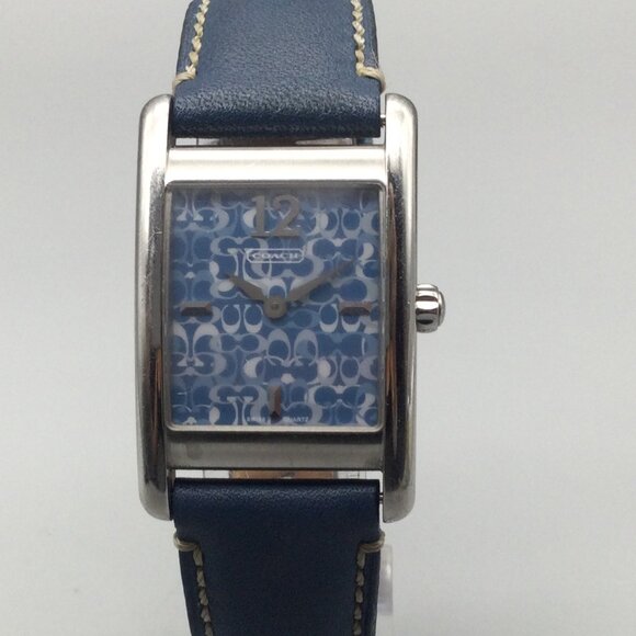 Coach Tank WatchWomen 25mm Silver Tone Blue Logo Dial Leather Band New Battery - Picture 1 of 15